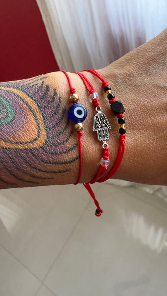 KIT 3 PULSERAS HILO ROJO AMULETO NAZAR U OJO TURCO - HILO ROJO HAMSA - HILO ROJO CON PIEDRA AZABACHE