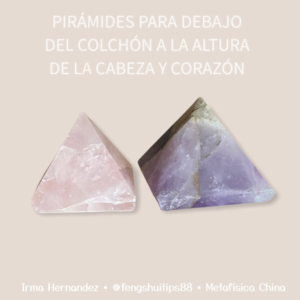 Pirámides de Amatista y Cuarzo Rosado. Feng Shui para la Cama y la Pareja (incluye la amatista y el cuarzo rosado). Tamaño 1"